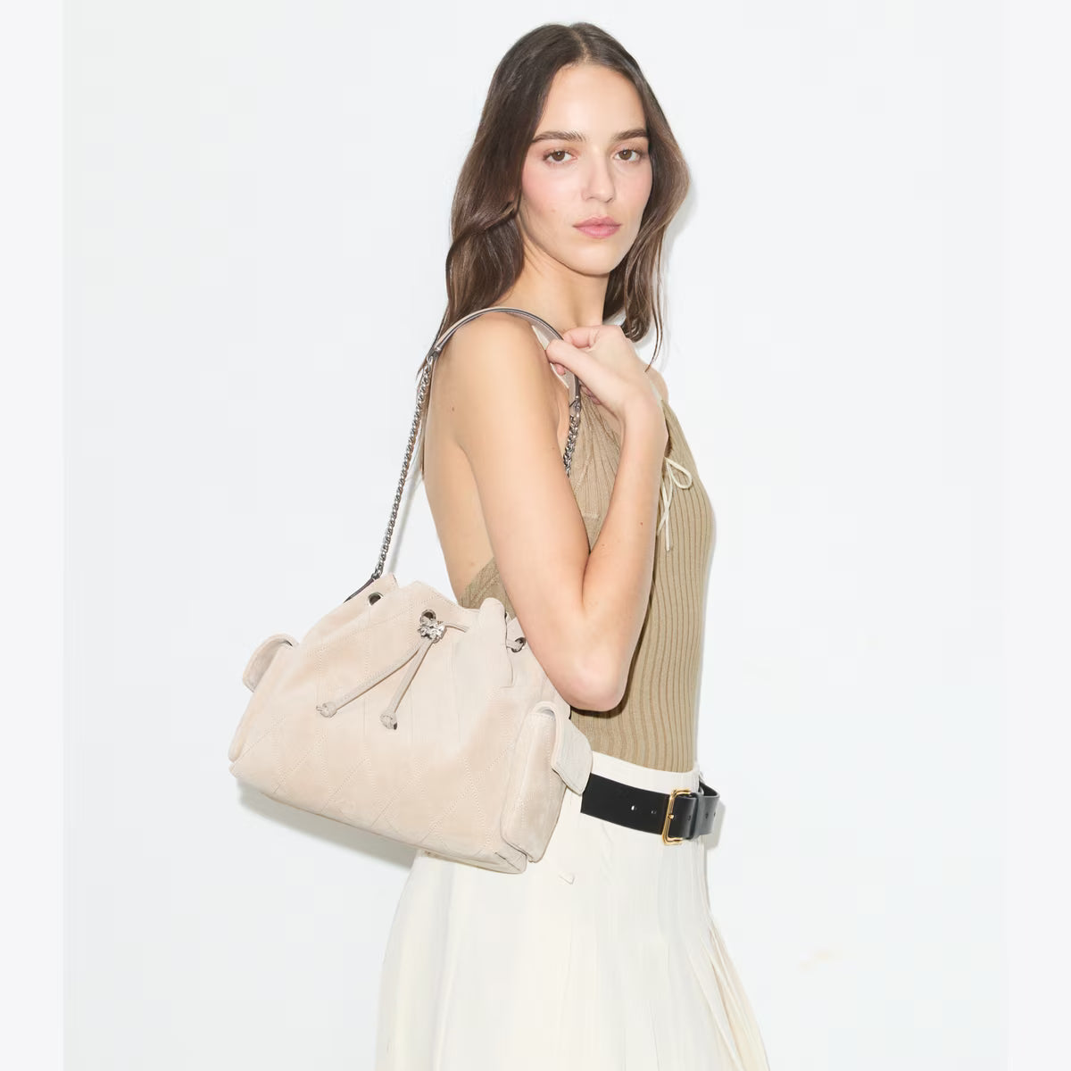 CHARLIE QUILTED SUEDE DRAWSTRING SHOULDER BAG