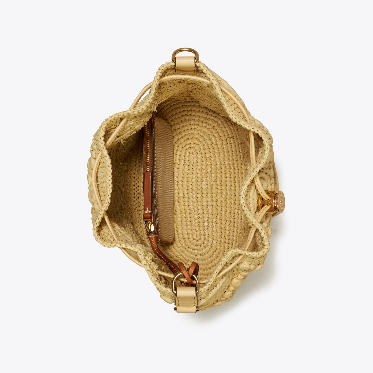 T MONOGRAM RAFFIA BUCKET BAG
