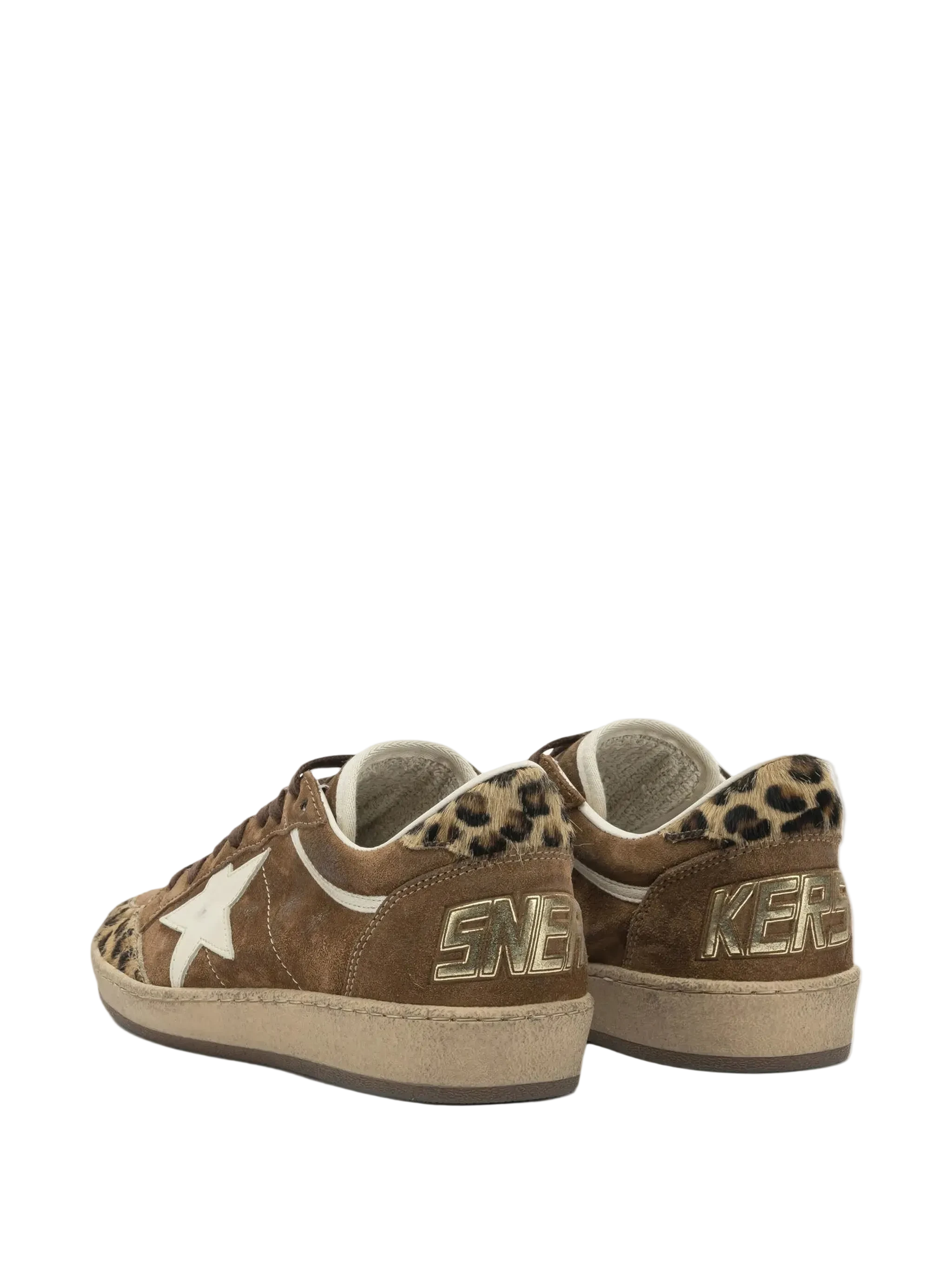 Brown sneakers with leopard print details on a white background