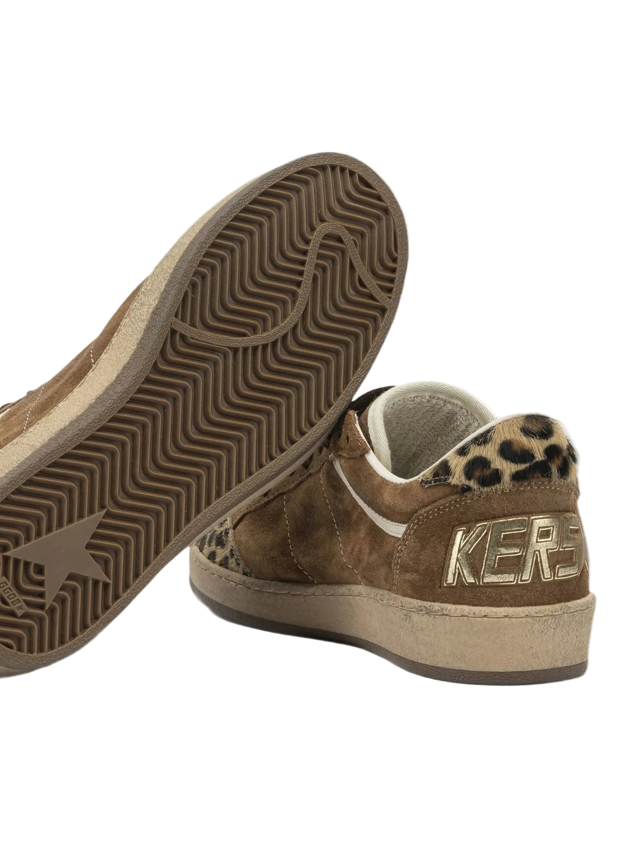 Brown sneakers with leopard print and 'KER' branding on a white background