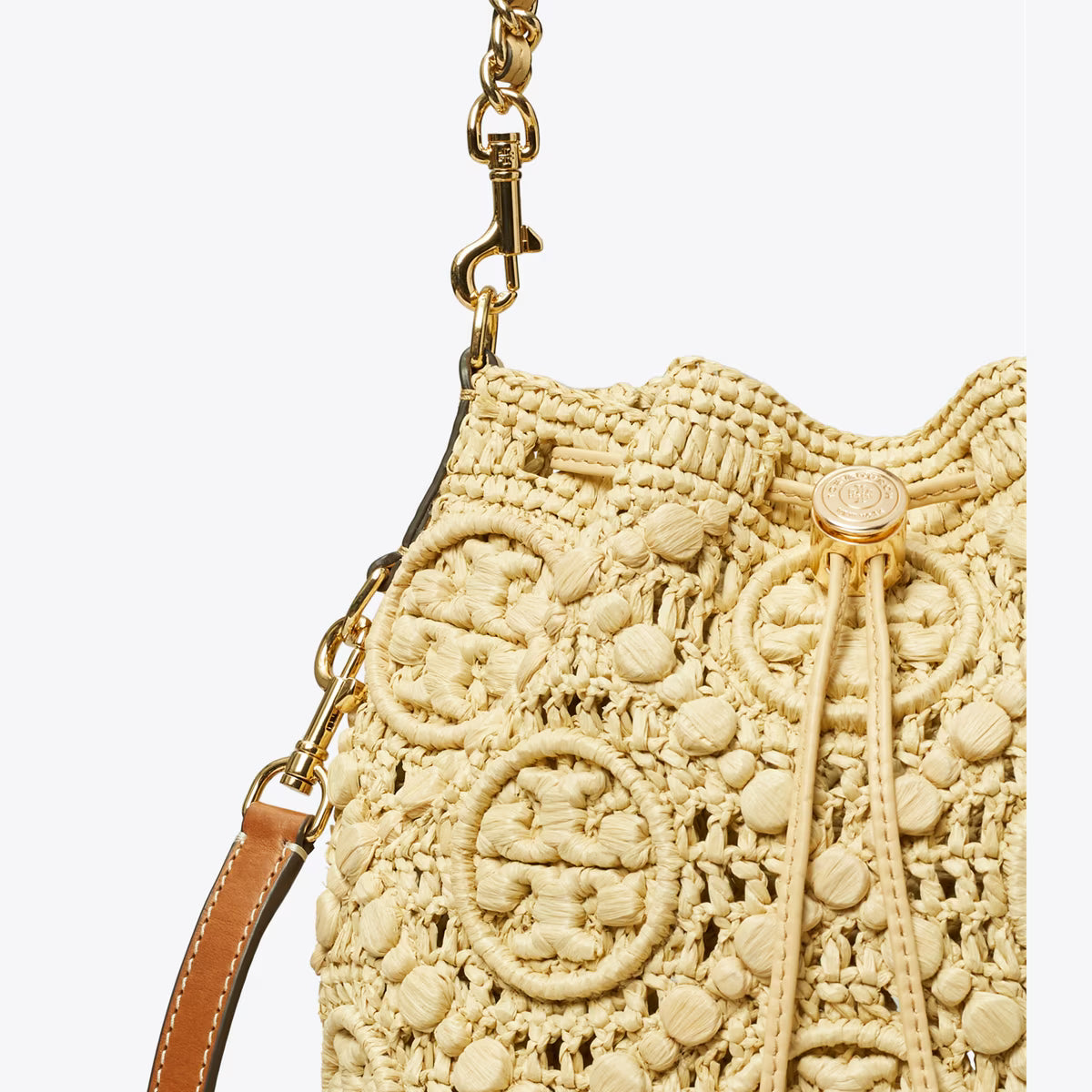 T MONOGRAM RAFFIA BUCKET BAG