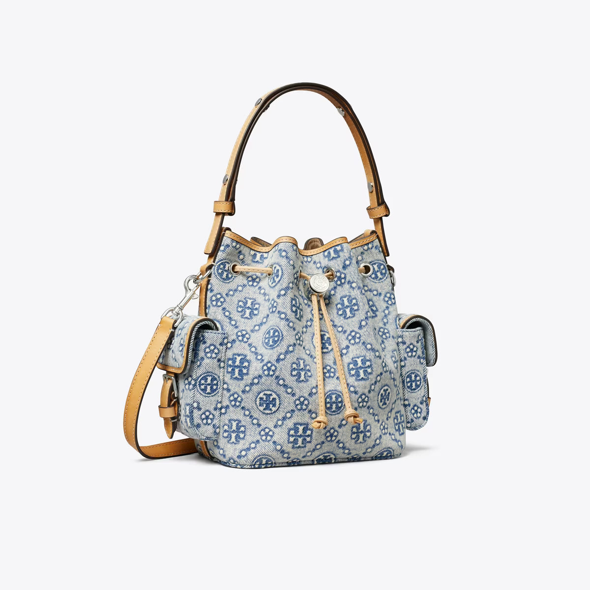 T MONOGRAM DENIM BUCKET BAG