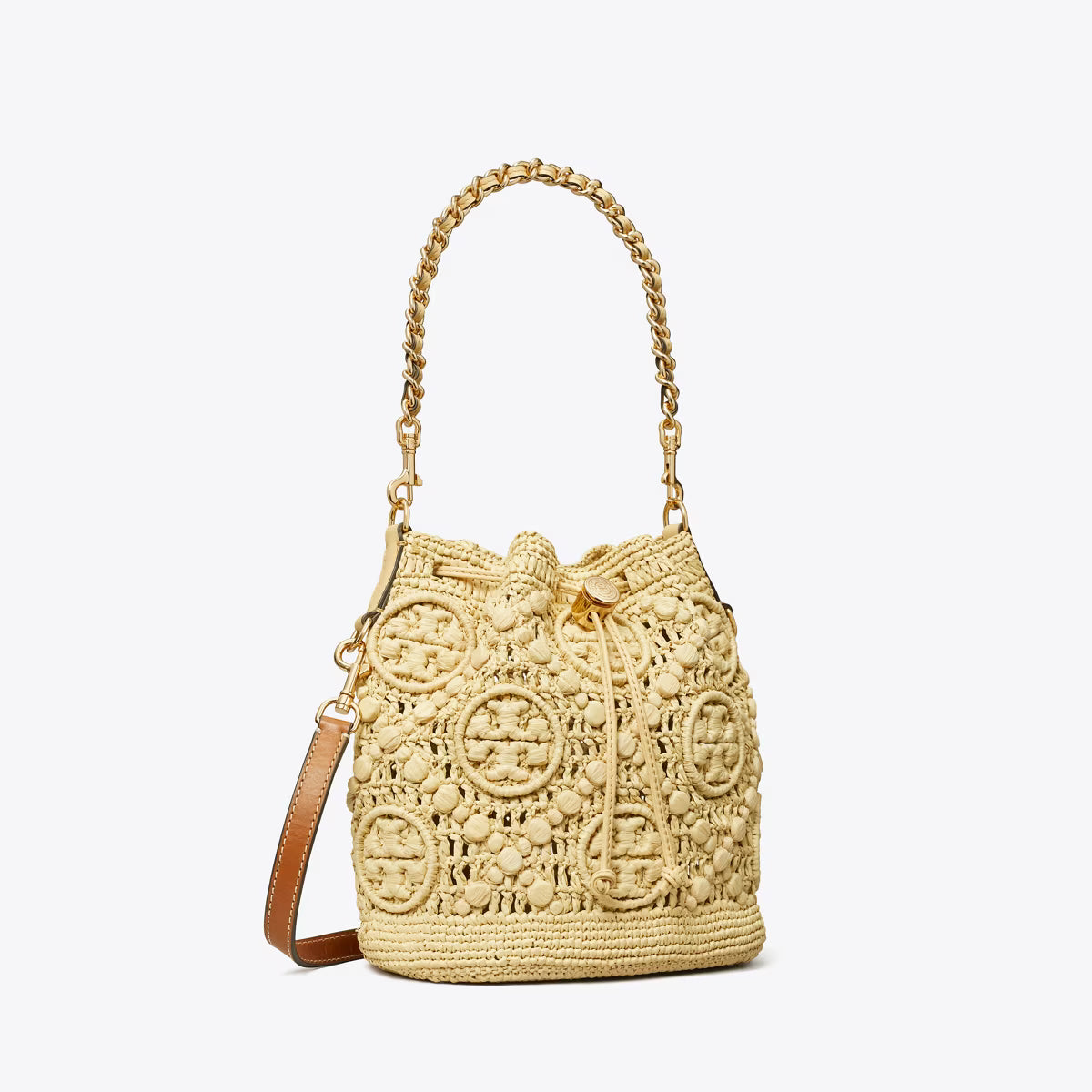 T MONOGRAM RAFFIA BUCKET BAG
