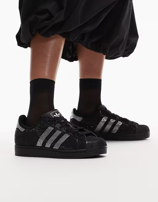 adidas Originals Superstar II sneakers in black and silver dimantes