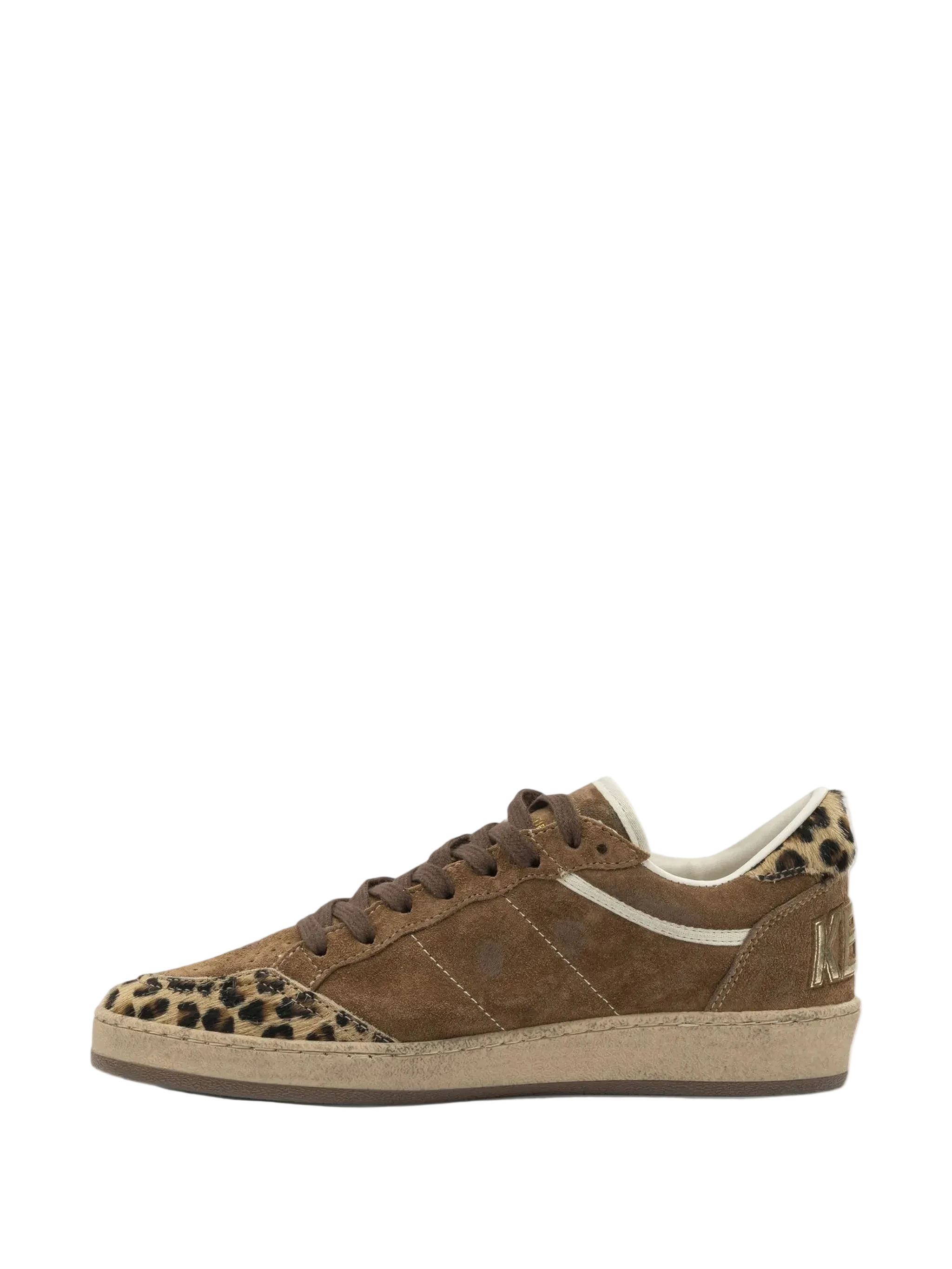 Brown sneaker with leopard print details on a white background
