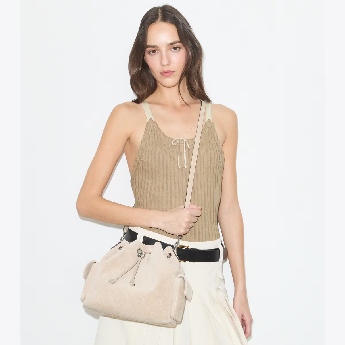 CHARLIE QUILTED SUEDE DRAWSTRING SHOULDER BAG
