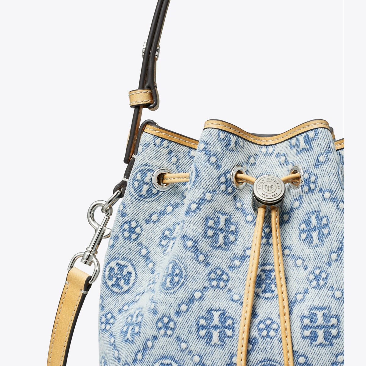 T MONOGRAM DENIM MINI BUCKET BAG