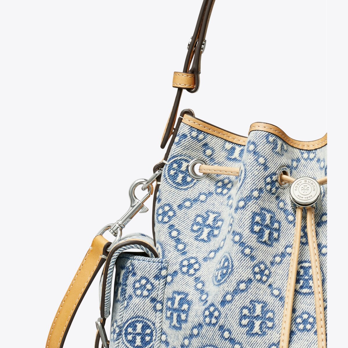 T MONOGRAM DENIM BUCKET BAG