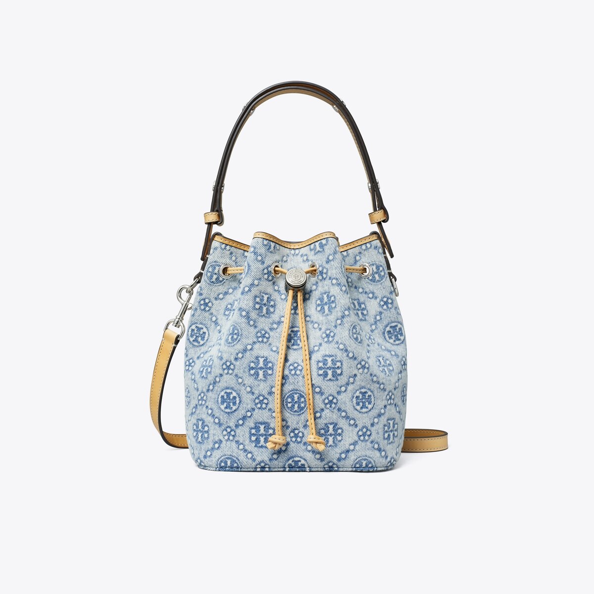 T MONOGRAM DENIM MINI BUCKET BAG
