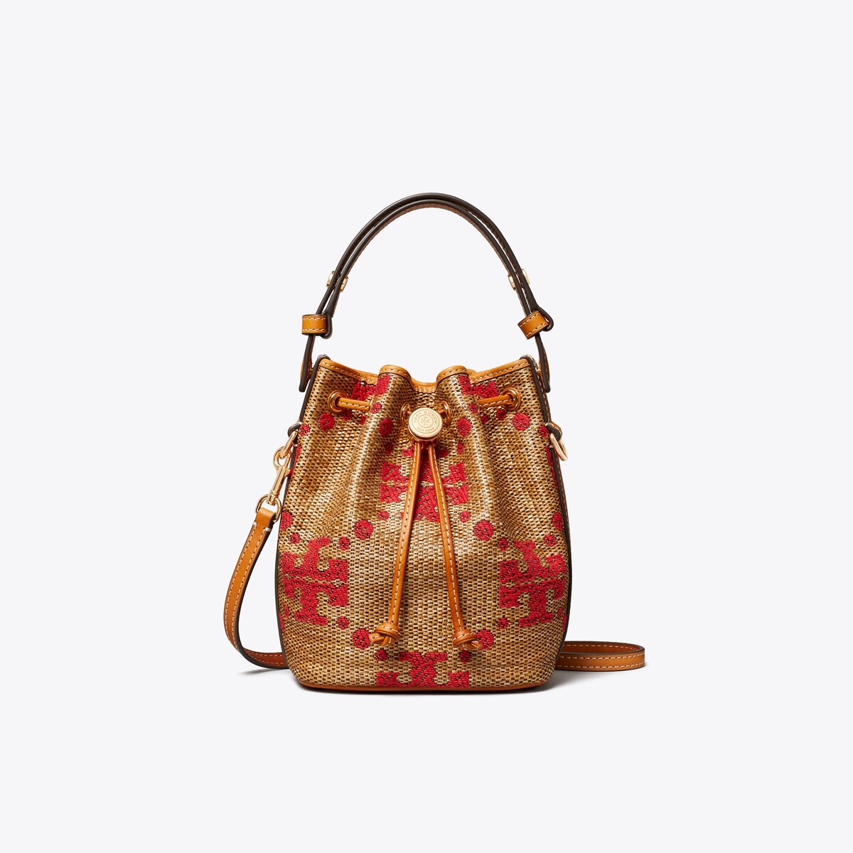 T MONOGRAM STRAW MINI BUCKET BAG