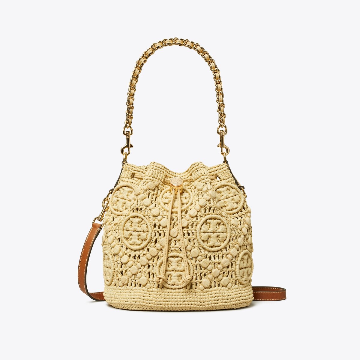 T MONOGRAM RAFFIA BUCKET BAG