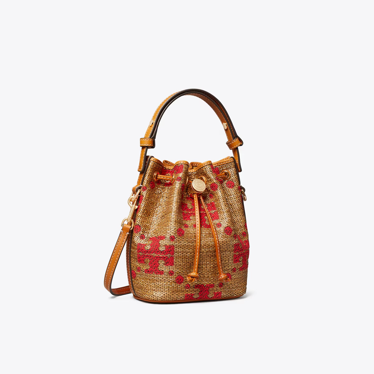 T MONOGRAM STRAW MINI BUCKET BAG