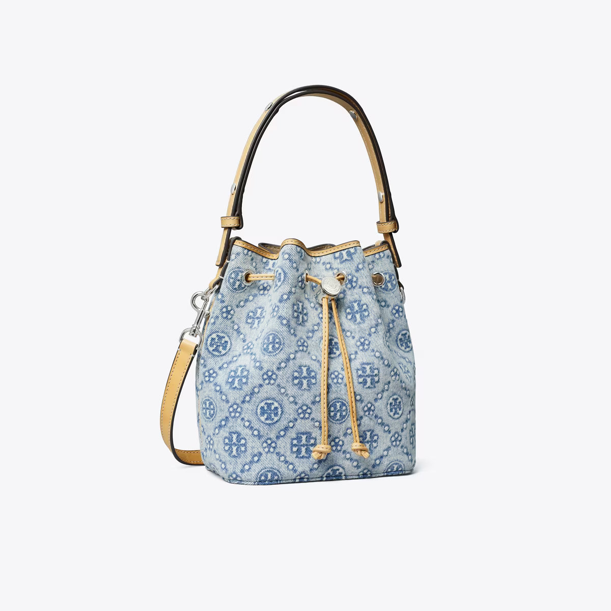 T MONOGRAM DENIM MINI BUCKET BAG
