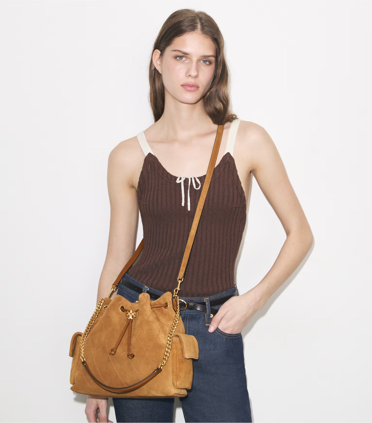 CHARLIE QUILTED SUEDE DRAWSTRING SHOULDER BAG