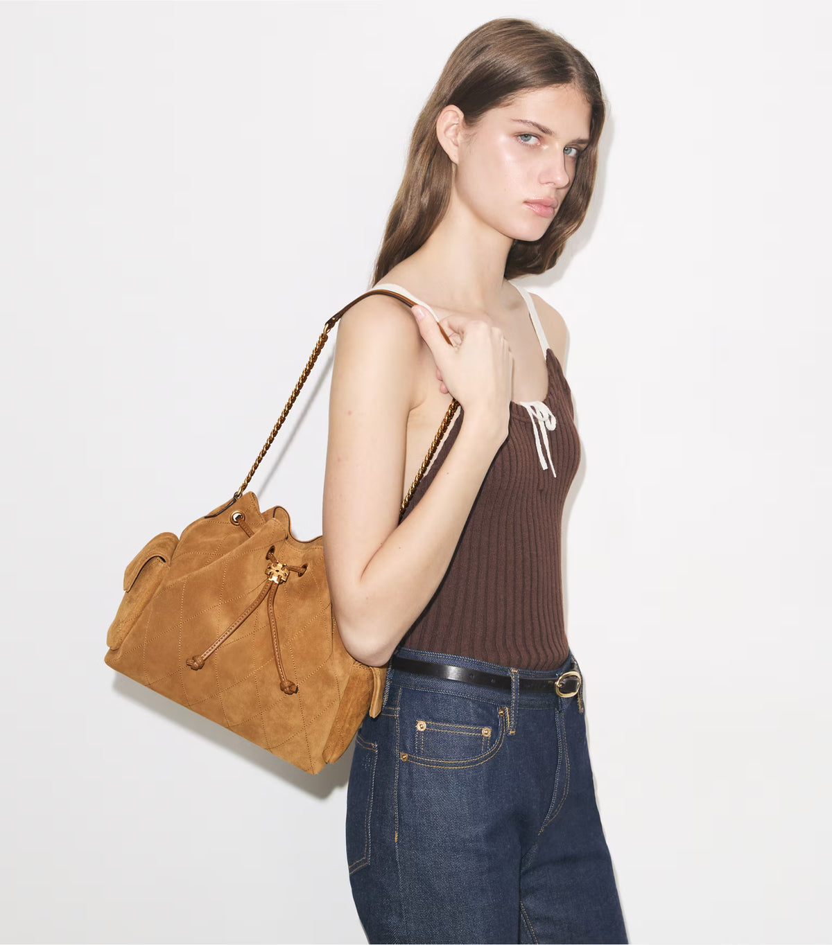 CHARLIE QUILTED SUEDE DRAWSTRING SHOULDER BAG