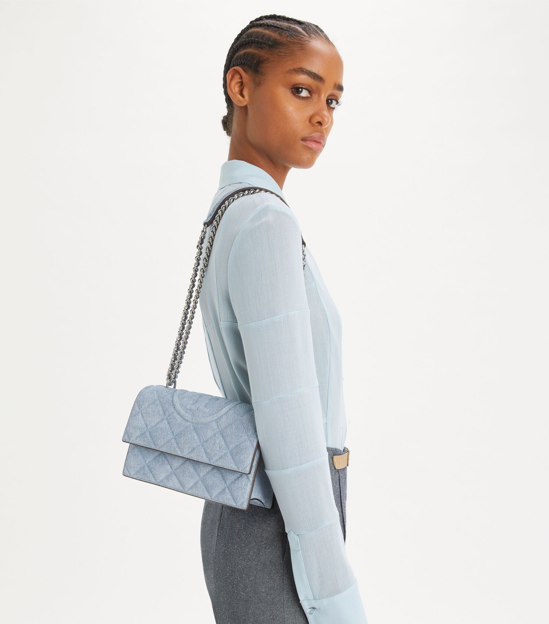 Small Fleming Denim-print Suede Shoulder Bag