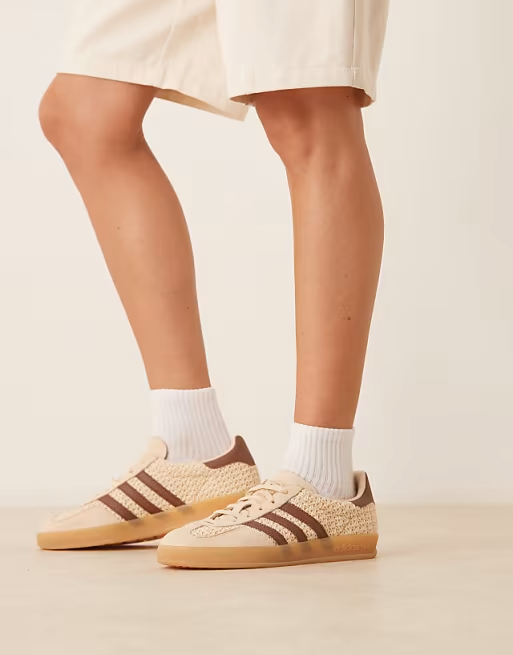 adidas Originals Gazelle Indoor crochet sneakers in beige and brown