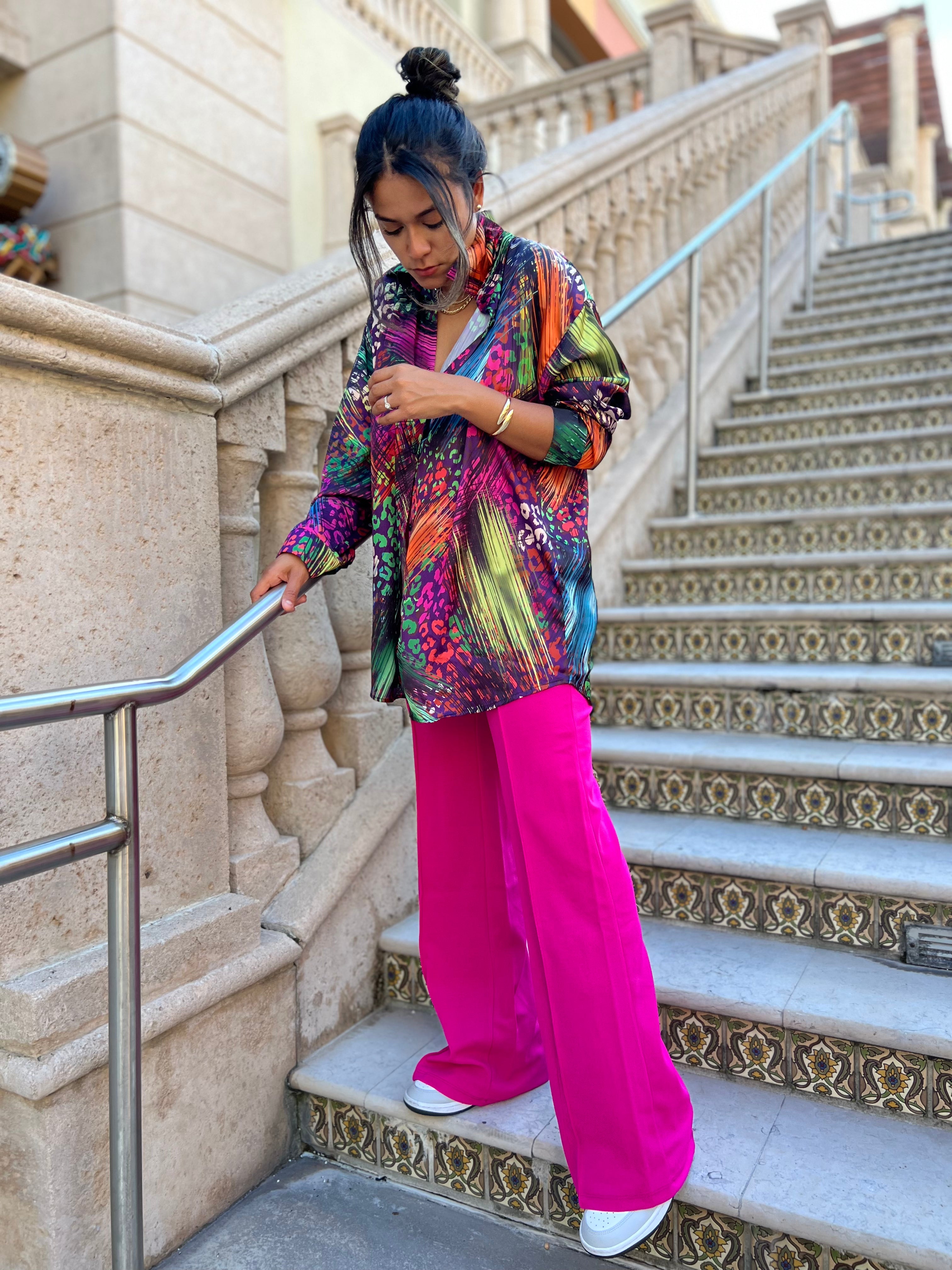 Pantalón tiro alto fucsia